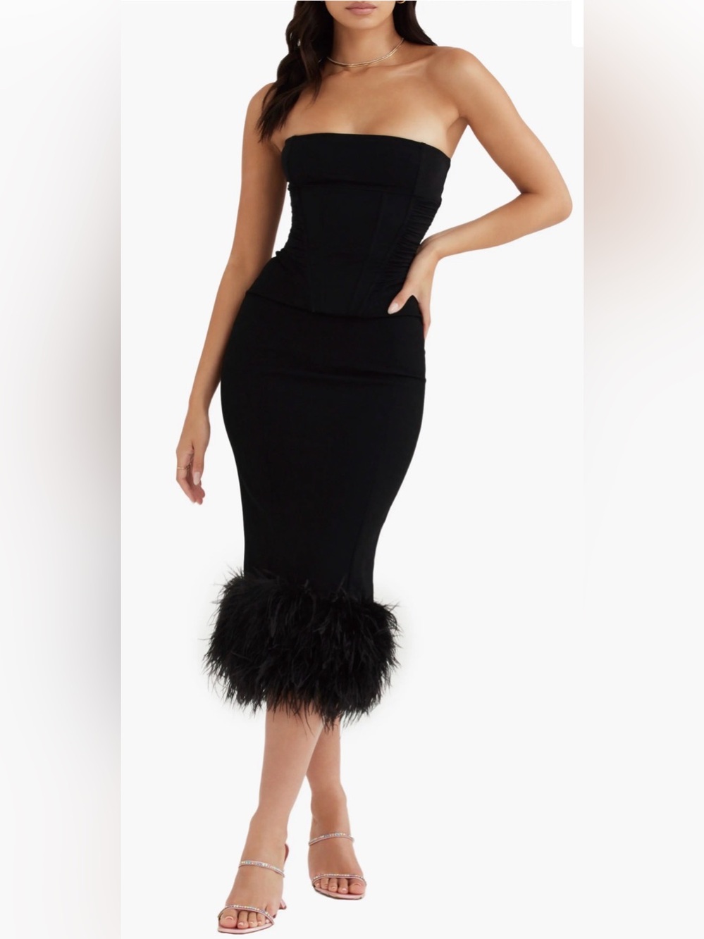 House of CB Black Feather-Trim Midi Pencil Dress